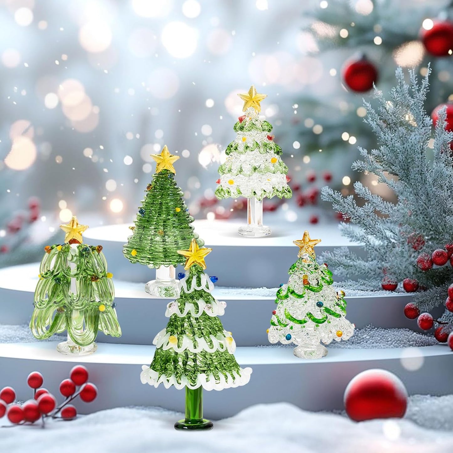 Skiennix Mini Crystal Christmas Tree Figurine - Hand Blown Glass Winter Decor for Tabletop & Mantel