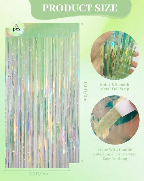 Iridescent Green Party Streamers - 2 Pack Neon Holographic Tinsel Foil Fringe Curtains | 3.31 x 6.6 ft