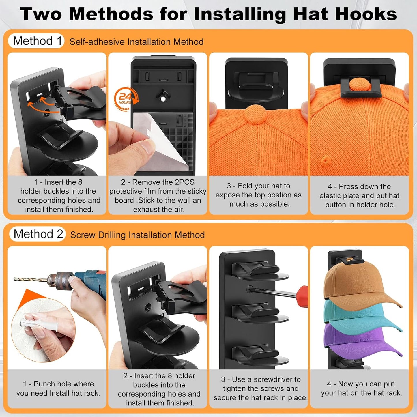 Skiennix Hat Organizer | 2-Pack Baseball Cap Rack with Strong Adhesive & Screw-in Holders for Closet & Bedroom