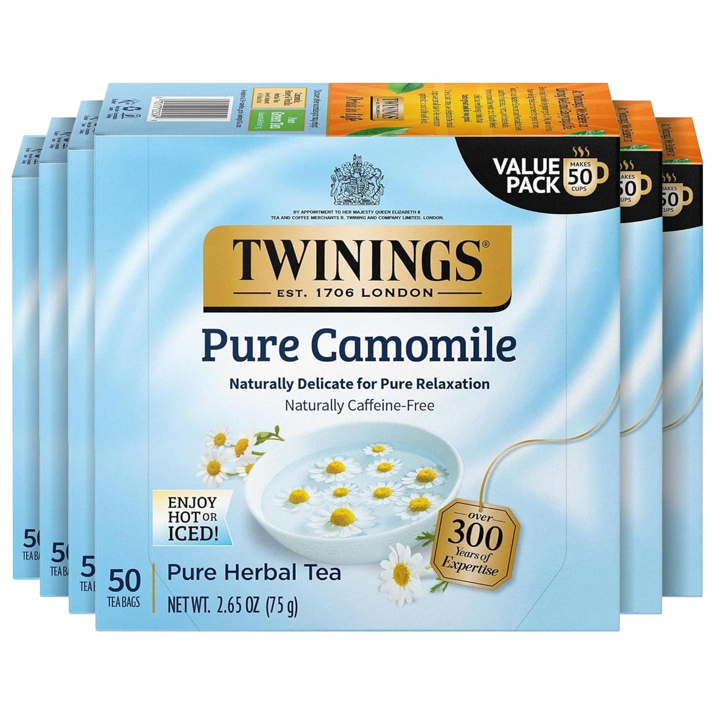 Twinings Pure Camomile Herbal Tea - Caffeine-Free, 50 Individually Wrapped Bags | Perfect Hot or Iced, 300 Total Teabags