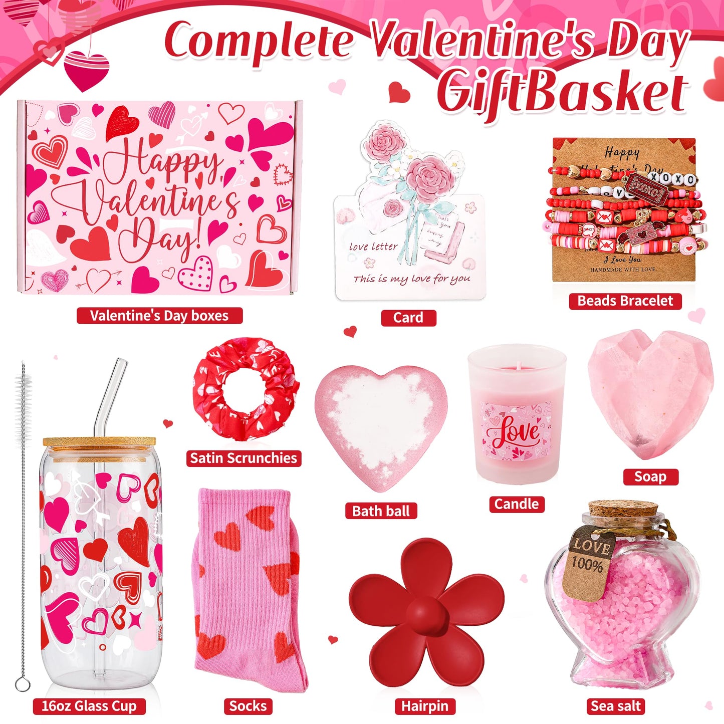 10 Pcs Valentine's Day Basket Gifts for Her, Valentine Gift Stuffers with 16 oz Glass Cup, Socks, Hair Clip, Candle, Heart Bath Salts Bottle Birthday Gift Set for Mom Wife Daughter Teen Girlfriend