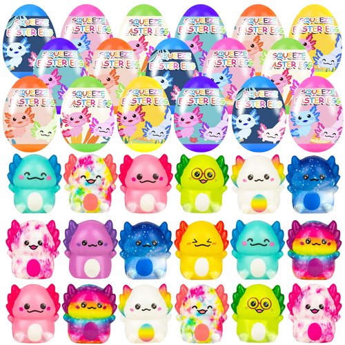 24 Pack Prefilled Easter Eggs with Slow Squishy Toys Axolotl Toy Easter Eggs Filled for Kids Boys Girls Easter Basket Stuffers Party Favors Easter Egg Fillers Hunt