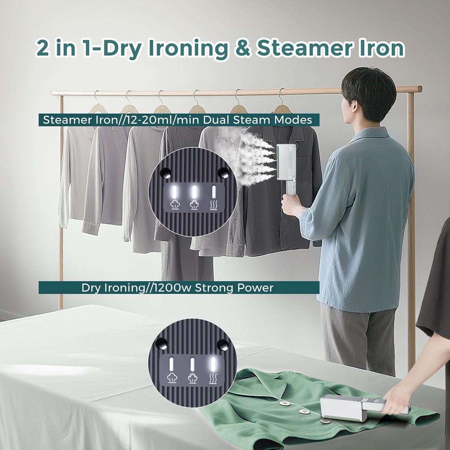 Skiennix 1200W Portable Travel Steamer - Dual Voltage, Fast Heat-Up in 15 Seconds | Compact & Foldable (Green)