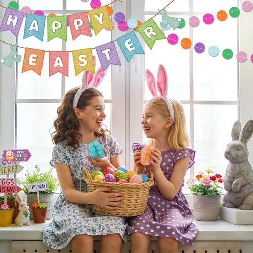 AhfuLife Easter Decorations Set, Happy Easter Bunny Paper Banner, Easter Egg Hunt Signs Clues with Sticks and Bunny Feet, Reusable Bunting for Home Garden Indoor Outdoor Party Game Decorations