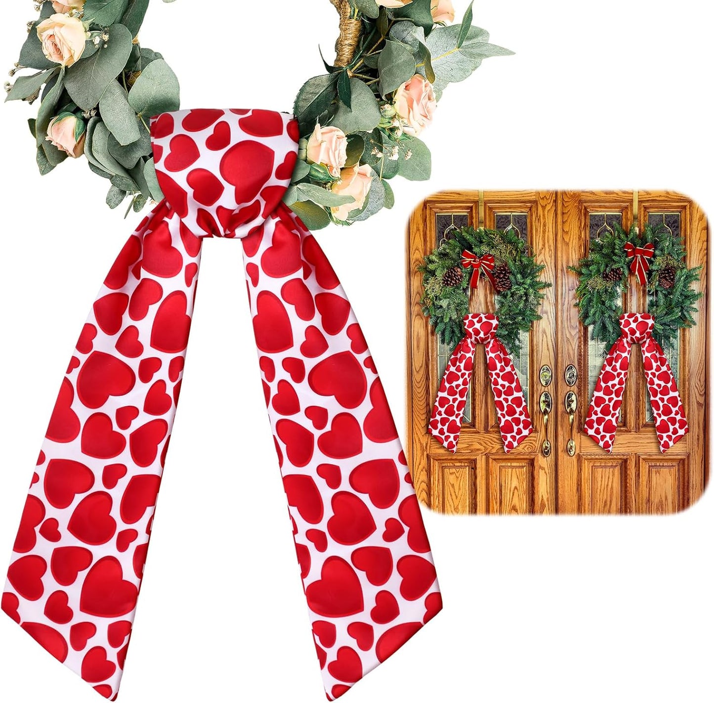 VitalCozy Wreath Sash Set - 2 Pcs Pink Heart Ribbon for Front Door & Indoor Decor | 4.5" W x 56" L