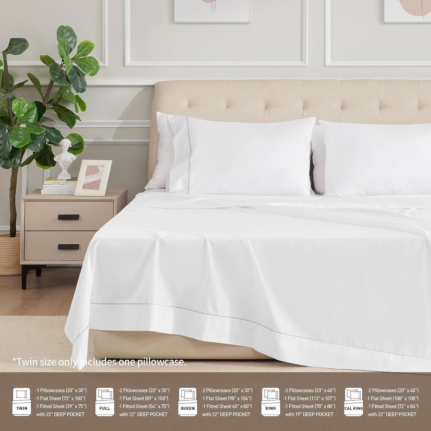 Sunflower Extra Deep Pocket Twin Sheet Set - 100% Cotton, Soft & Breathable, Fits 18"-24" Mattresses, White