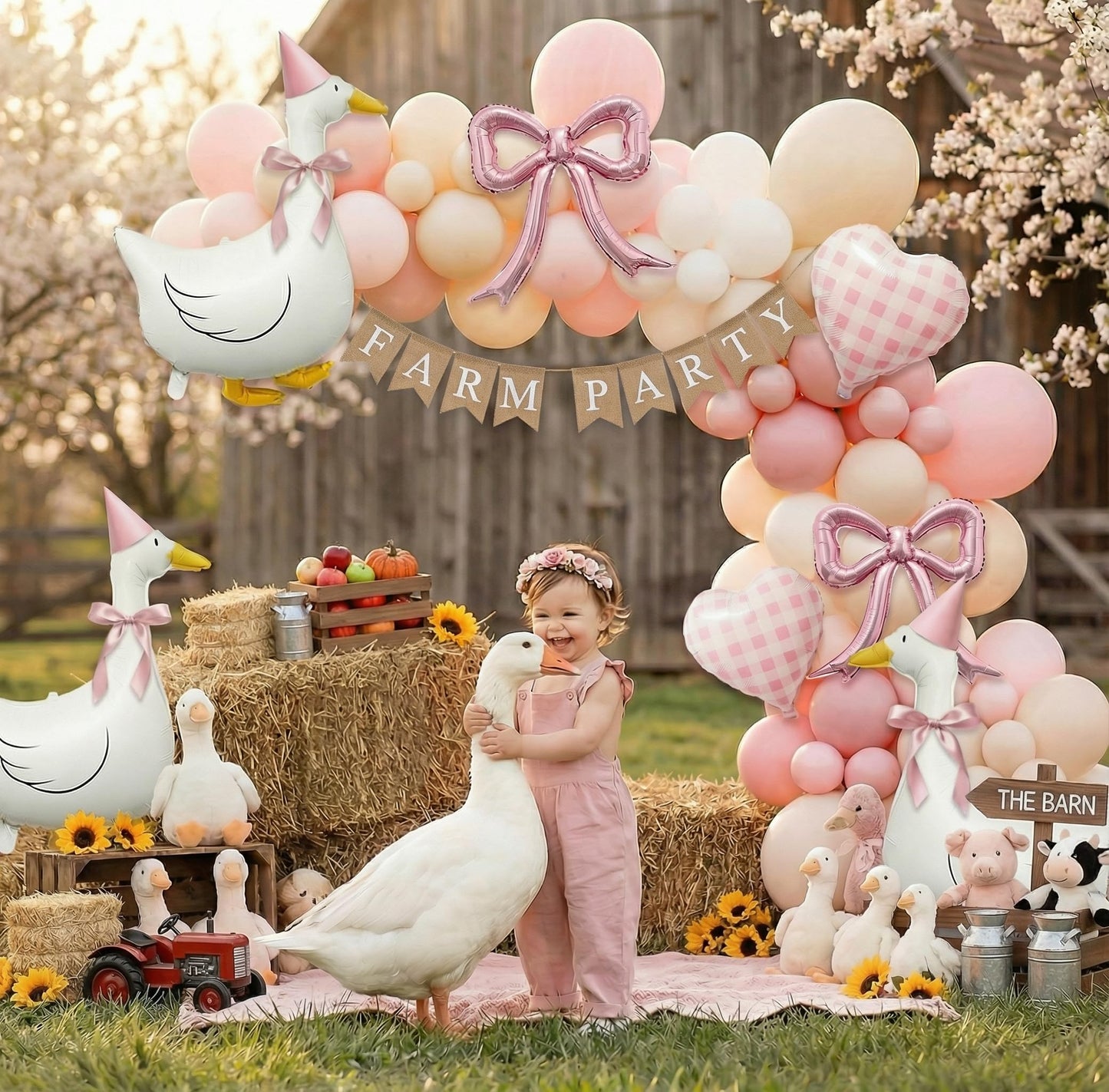One Silly Goose 1st Birthday Decorations Girl – 40 Inch Number 1 Balloon, Goose Balloons with Pink Bow & Hats, Cute Baby Girl First Birthday Party Supplies