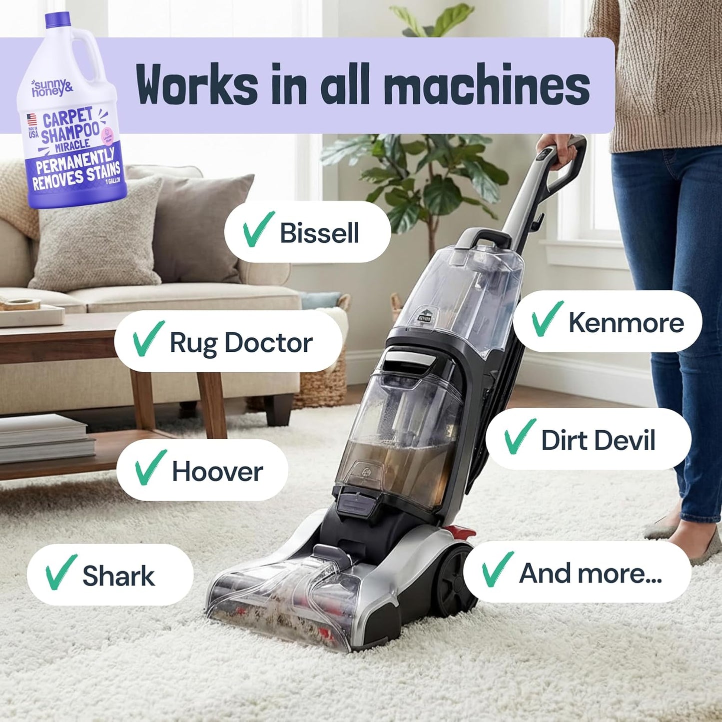 Sunny & Honey Carpet Cleaner Shampoo - Pet Stain Remover & Odor Eliminator - 128 fl oz Light Lavender Solution