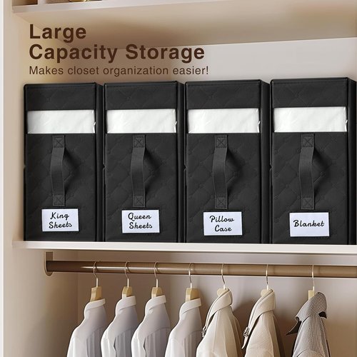 Homsorout Bed Sheet Organizer - Foldable Linen Storage with Window | XL 6-Pack for Blankets & Duvet Covers, Black