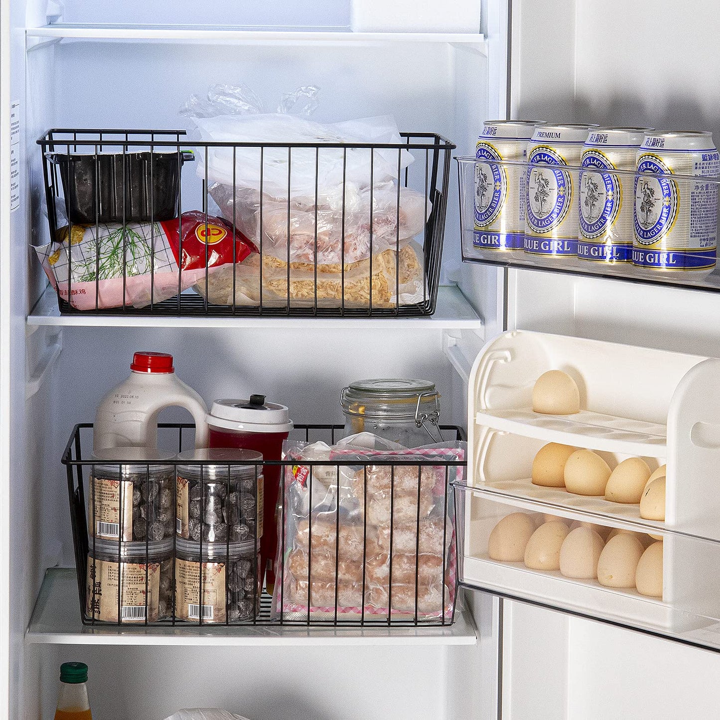 Y.Z.Bros Freezer Storage Organize Baskets - 2 Pack Stackable Deep Freezer Organizer Bins for Most 7 Cu.FT Chest Freezer with Handles, Sturdy but Light, Metal Coated, Add Space, Easy to Reach