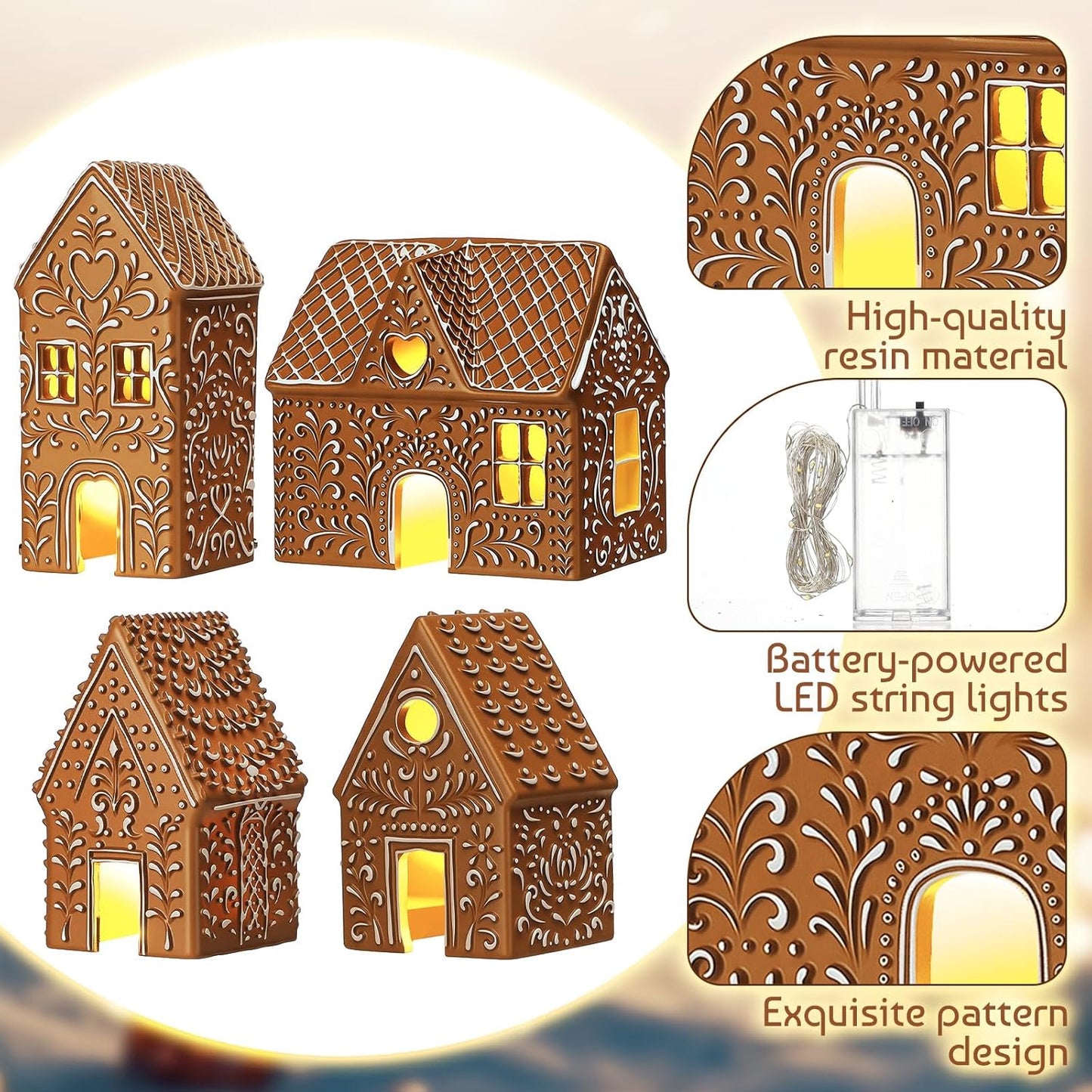 Thyle Christmas Gingerbread House Decoration - 4 Pcs LED Lighted Resin Village Figurines for Holiday Decor