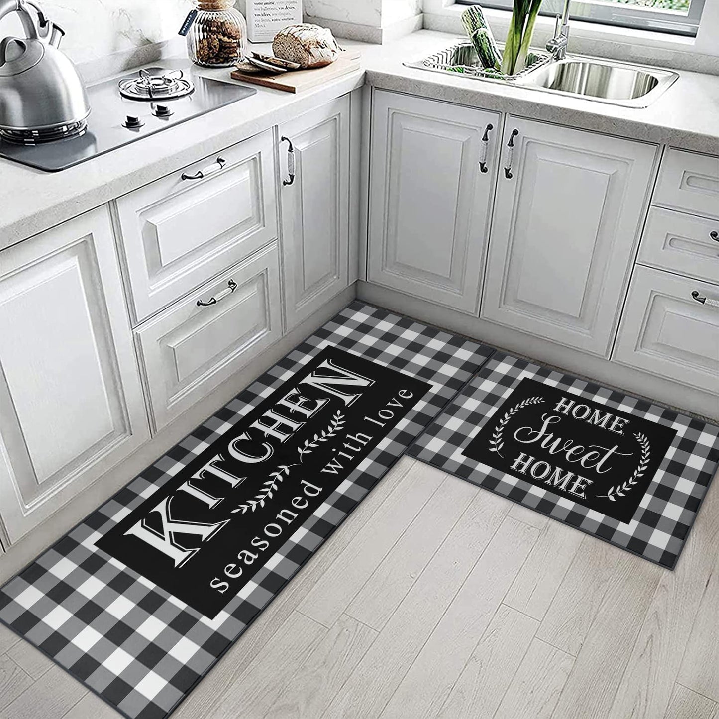 ArtSocket Kitchen Rugs and Mats Non Skid Washable Set of 2, Black White Buffalo Plaid Runner Rug, Farmhouse Quotes Home Kitchen Floor Mat Under Sink Mat Throw Rug for Doormat