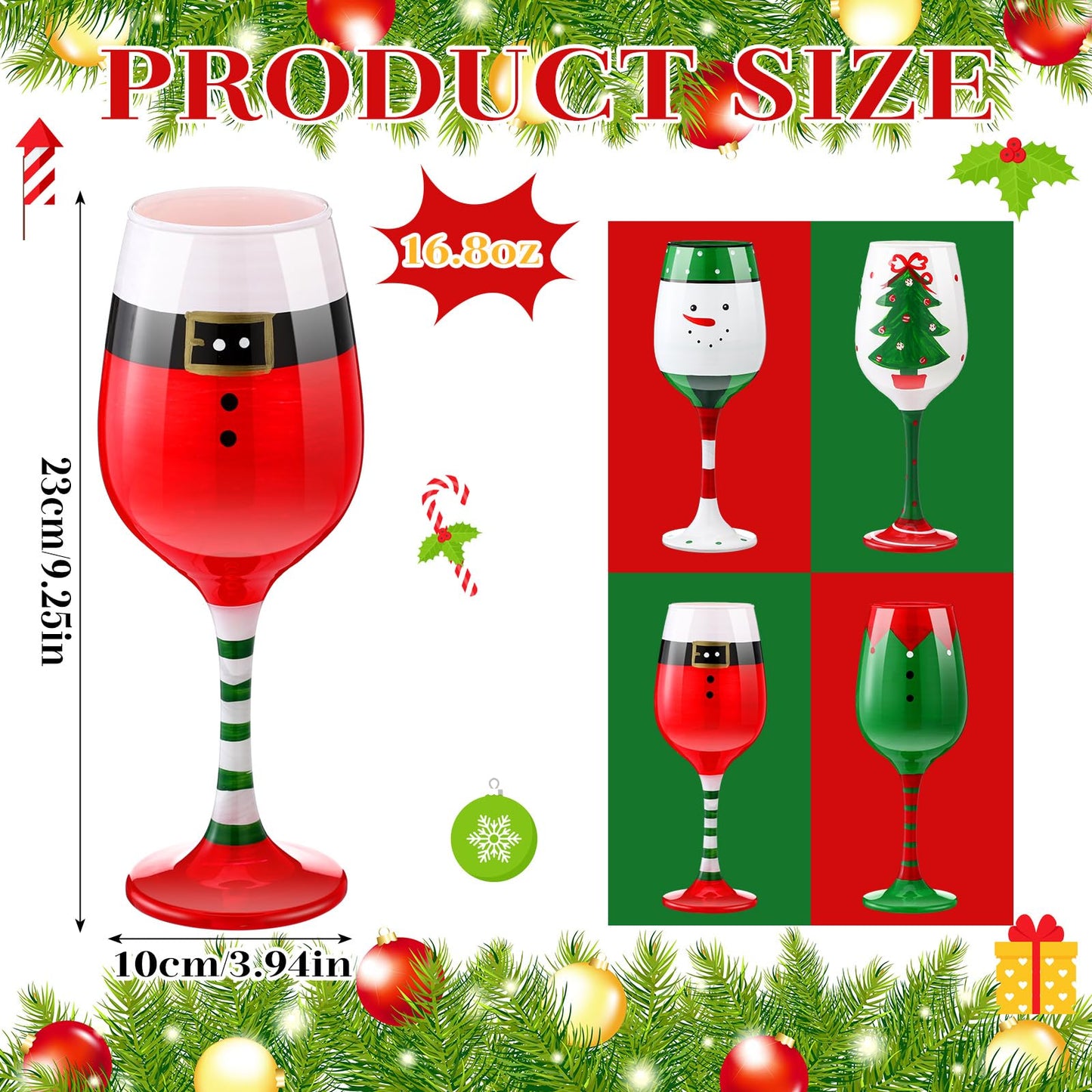 CPEGHDVM 4 Pcs Christmas Wine Glasses 16.8 Oz Set Santa Belt Snowman Drinking Goblets Cups Xmas Hand Painted Wine Cup Glass for Home Bar Diner Birthday Wedding Christmas Party Favors