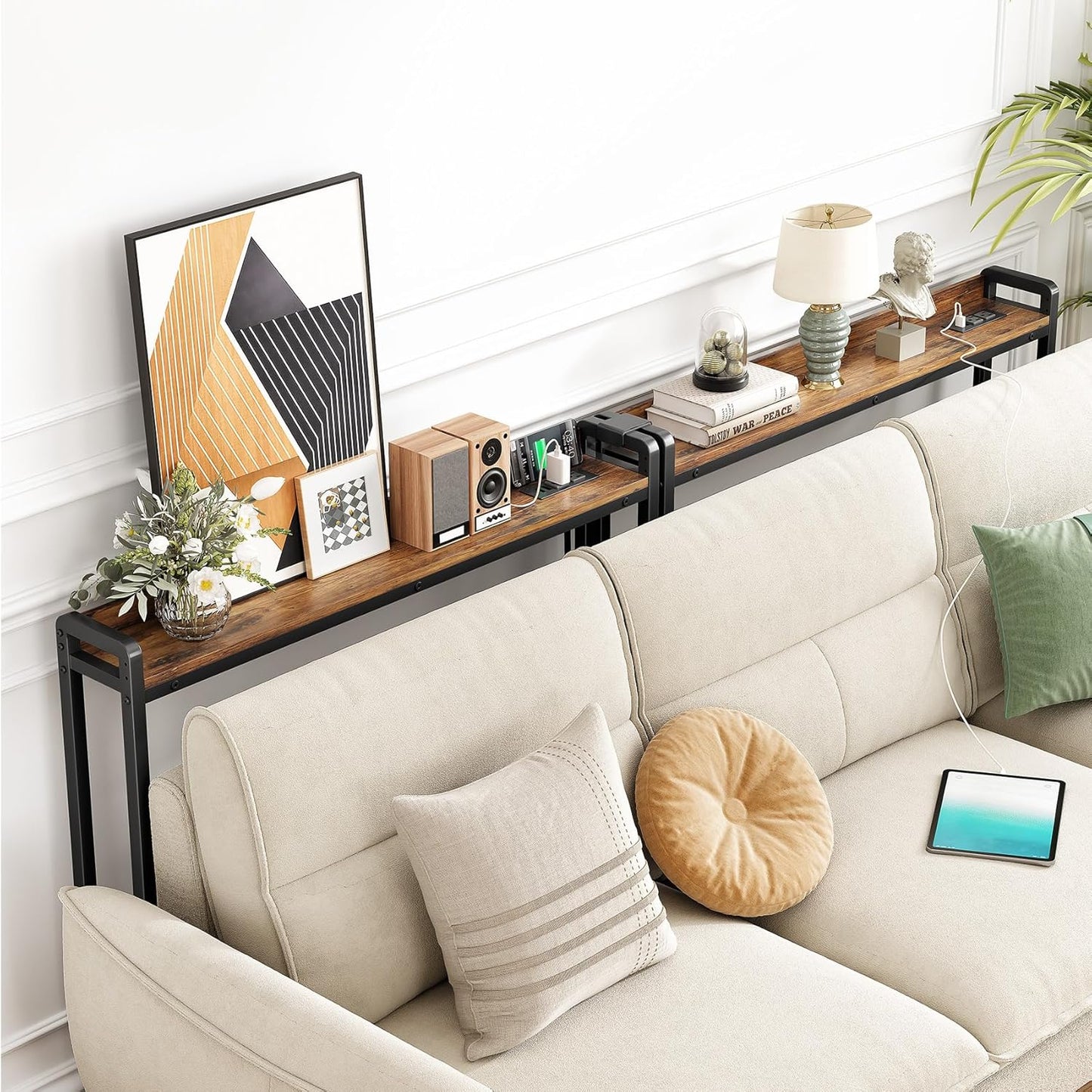 Kitstorack Narrow Entryway Console Table - 2-Pack with Elevated Rear Fence & 2 Power Outlets | 79" Long x 5.9" Wide x 33.3" High, Brown