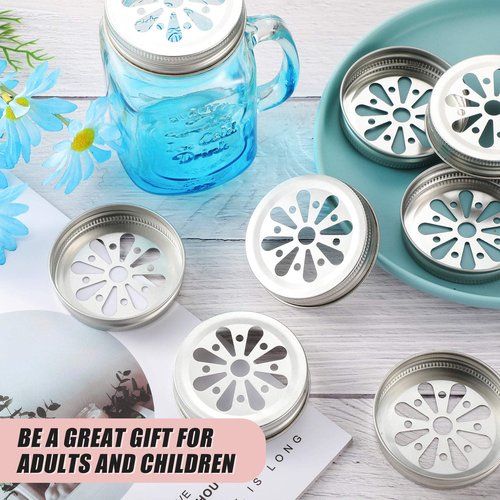 Geiserailie 16 Pcs Daisy Mason Can Jar Lids 2.75" Diameter Regular Mouth Jar Lids for Mason Canning Rustproof Daisy Cut with Straw Hole