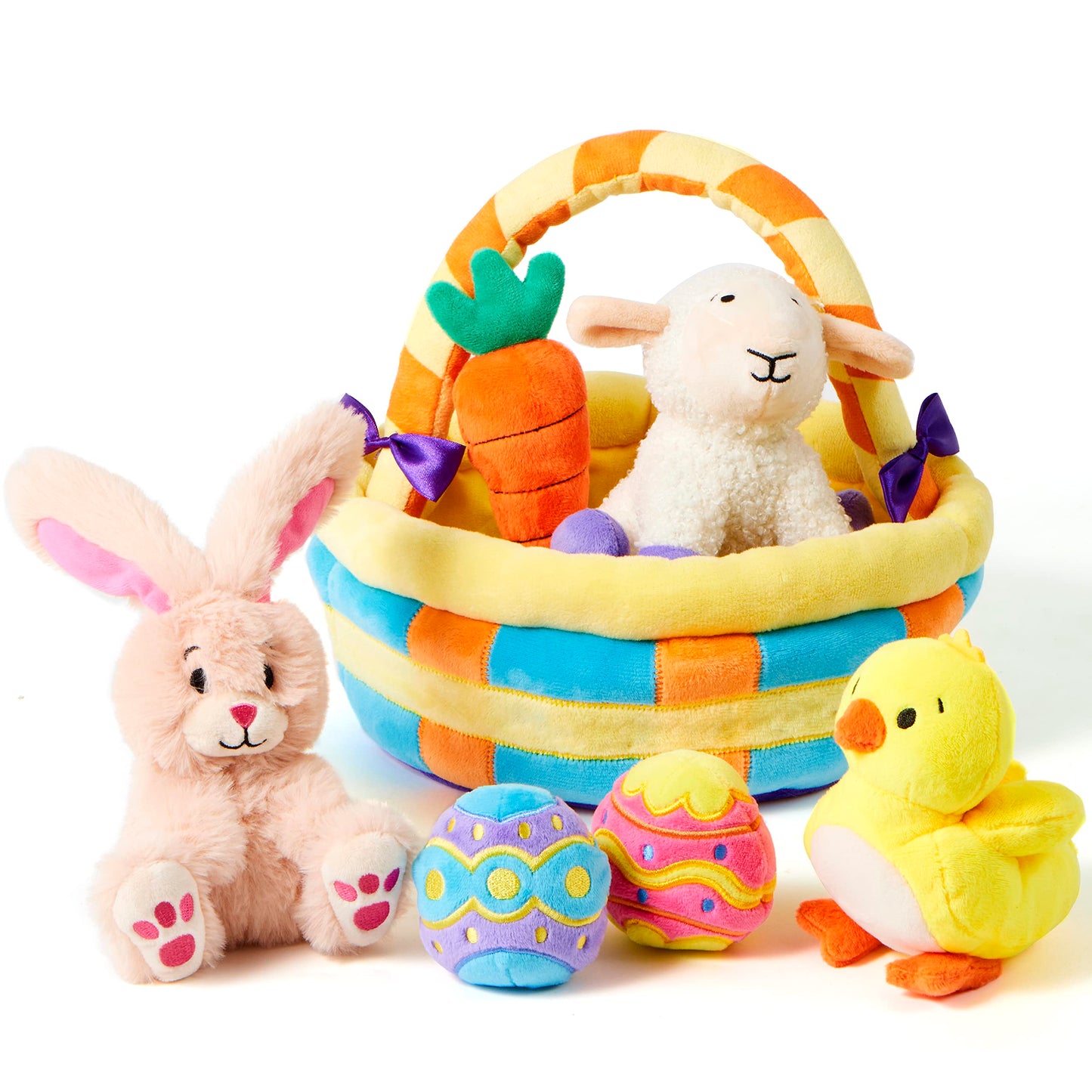 JOYIN 7 PCS Easter Basket Plush Playset Stuffers with Lamb Bunny Chick Carrot Egg Toys, Easter Party Favors Decorations Gifts Supplies for Baby Girls Boys Toddler Kids of All Ages