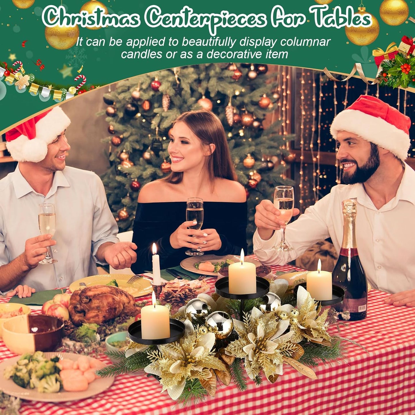 Regine Switzerland Christmas Table Centerpiece - 3 Candle Holders with Gold Poinsettia & Pinecones