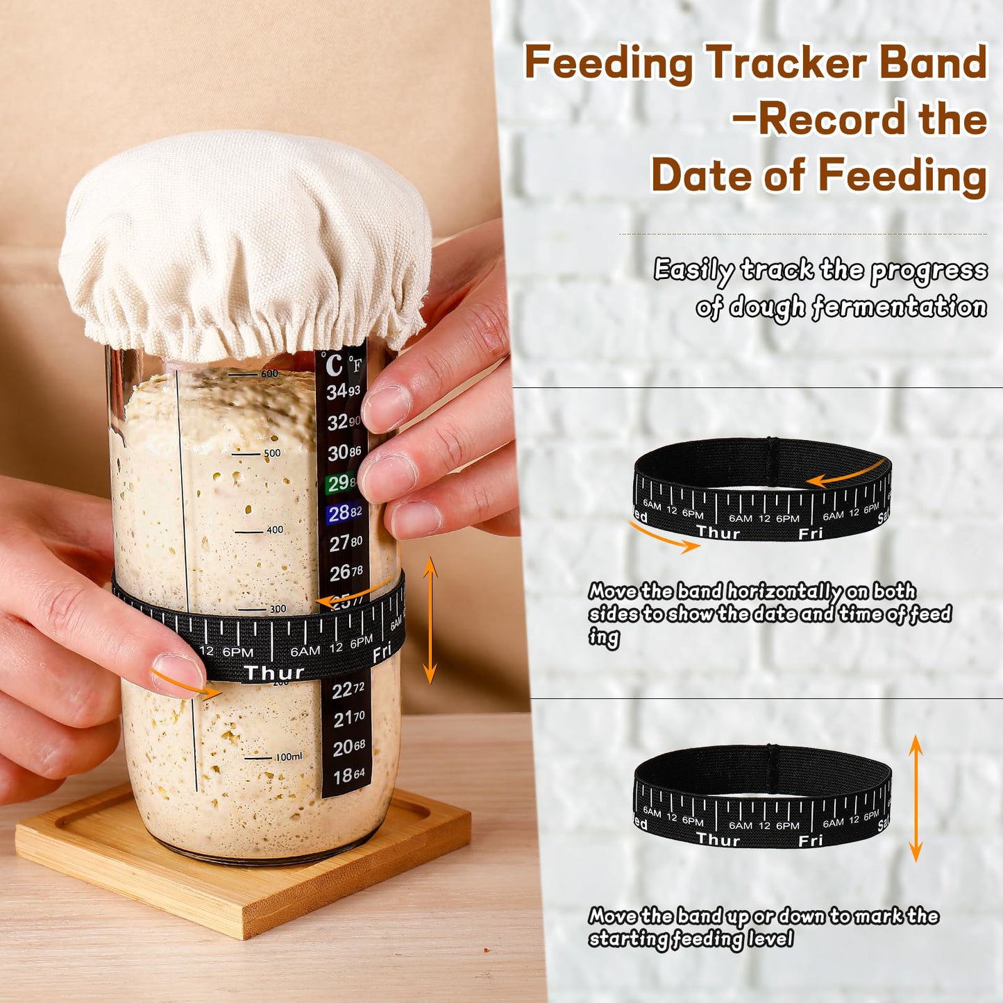 Sourdough Bread Baking Supplies,24 oz Sourdough Starter Jar Glass, Sourdough Starter Kit with Date Marked Feeding Band, Thermometer, Silicone Scraper, Sewn Cloth Cover & Aluminum Lid, Sourdough Jar