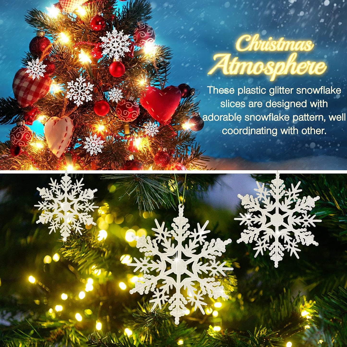 Skiennix 46 Pcs White Glitter Snowflake Ornaments - Various Sizes for Winter Wonderland Decor