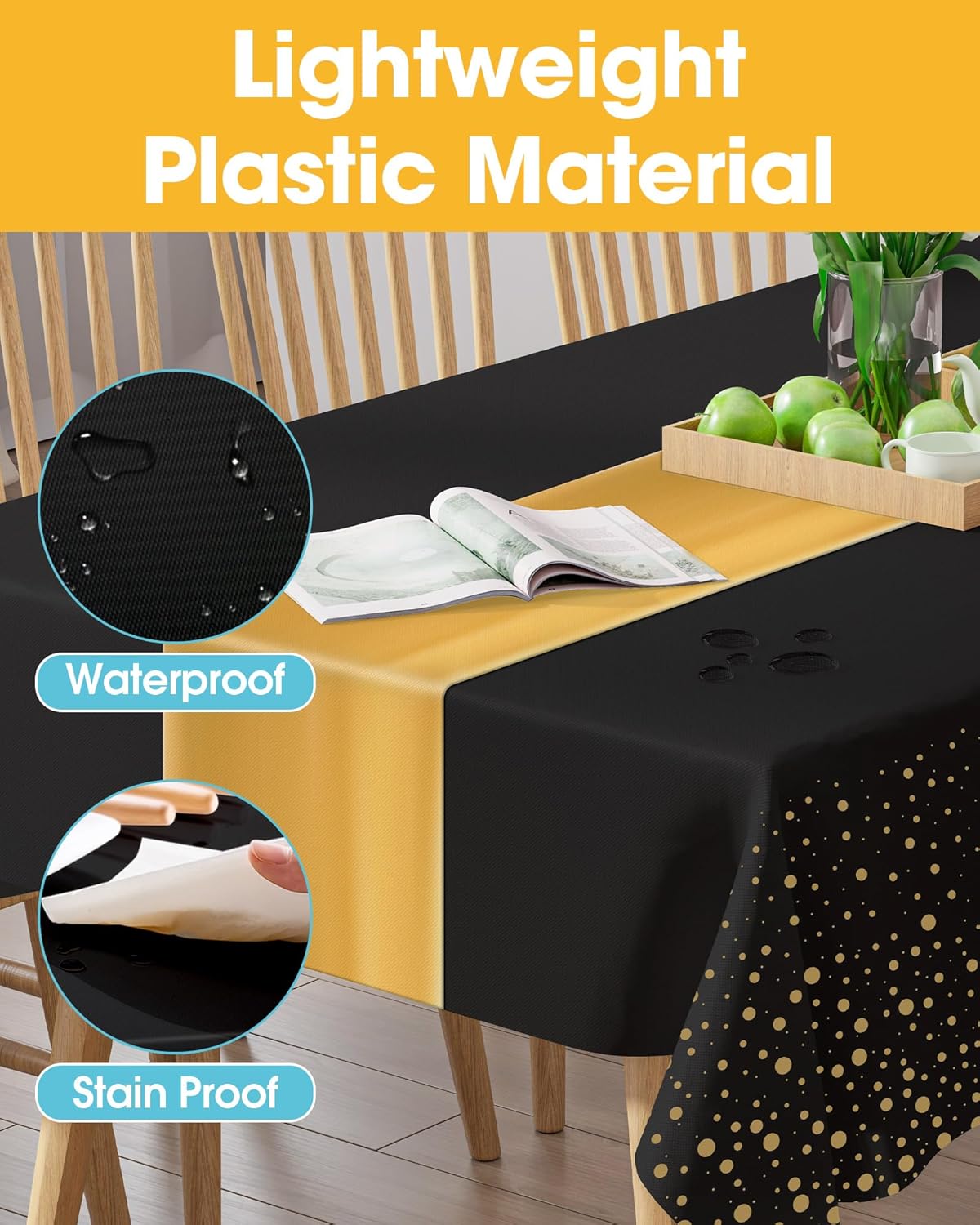 Niuara Table Cloth Set - Black and Gold Rectangle Table Covers & Runners | 3+3 Pack for Events
