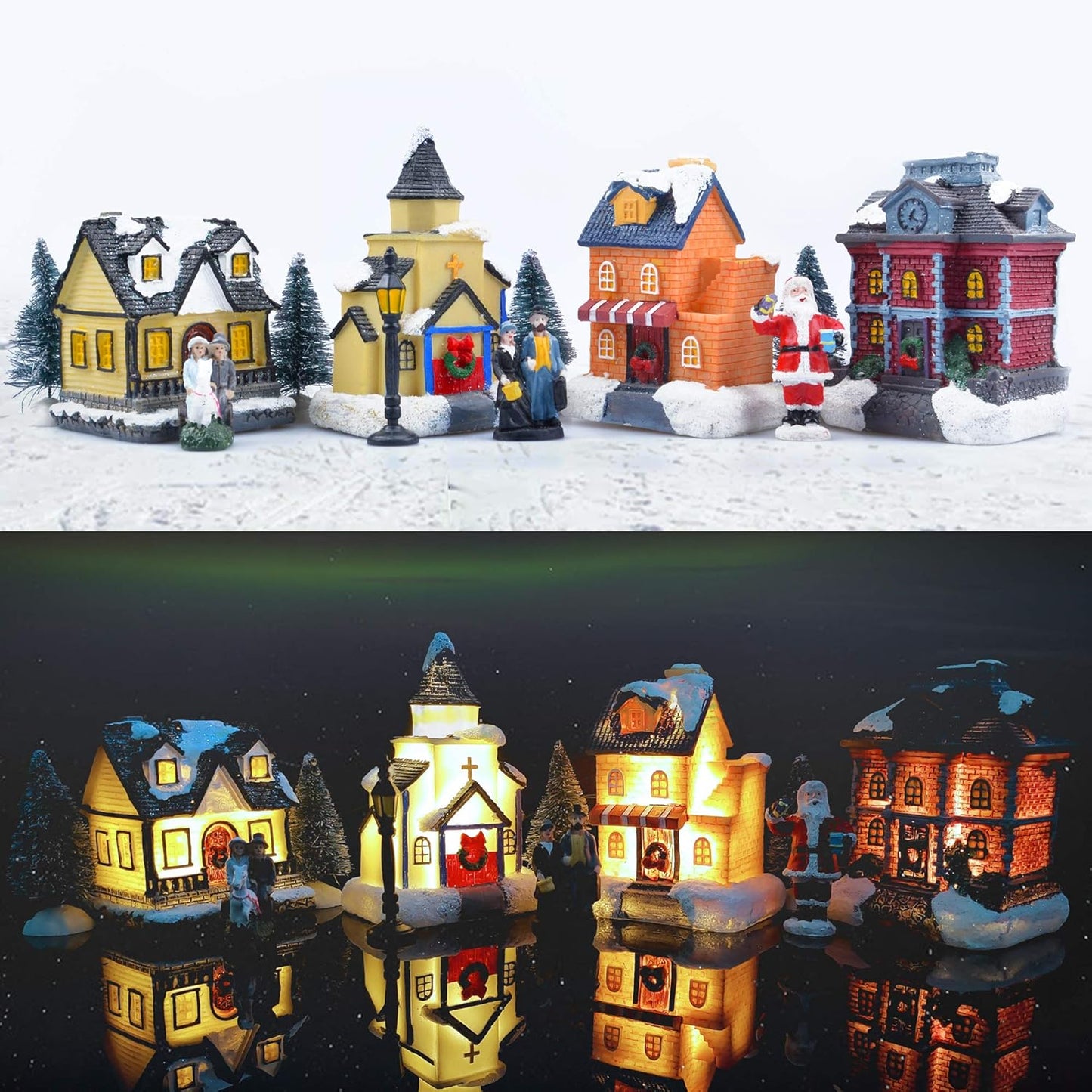 Skiennix Christmas Village Set - LED Lighted Houses with Figurines | Indoor Holiday Decor Collection