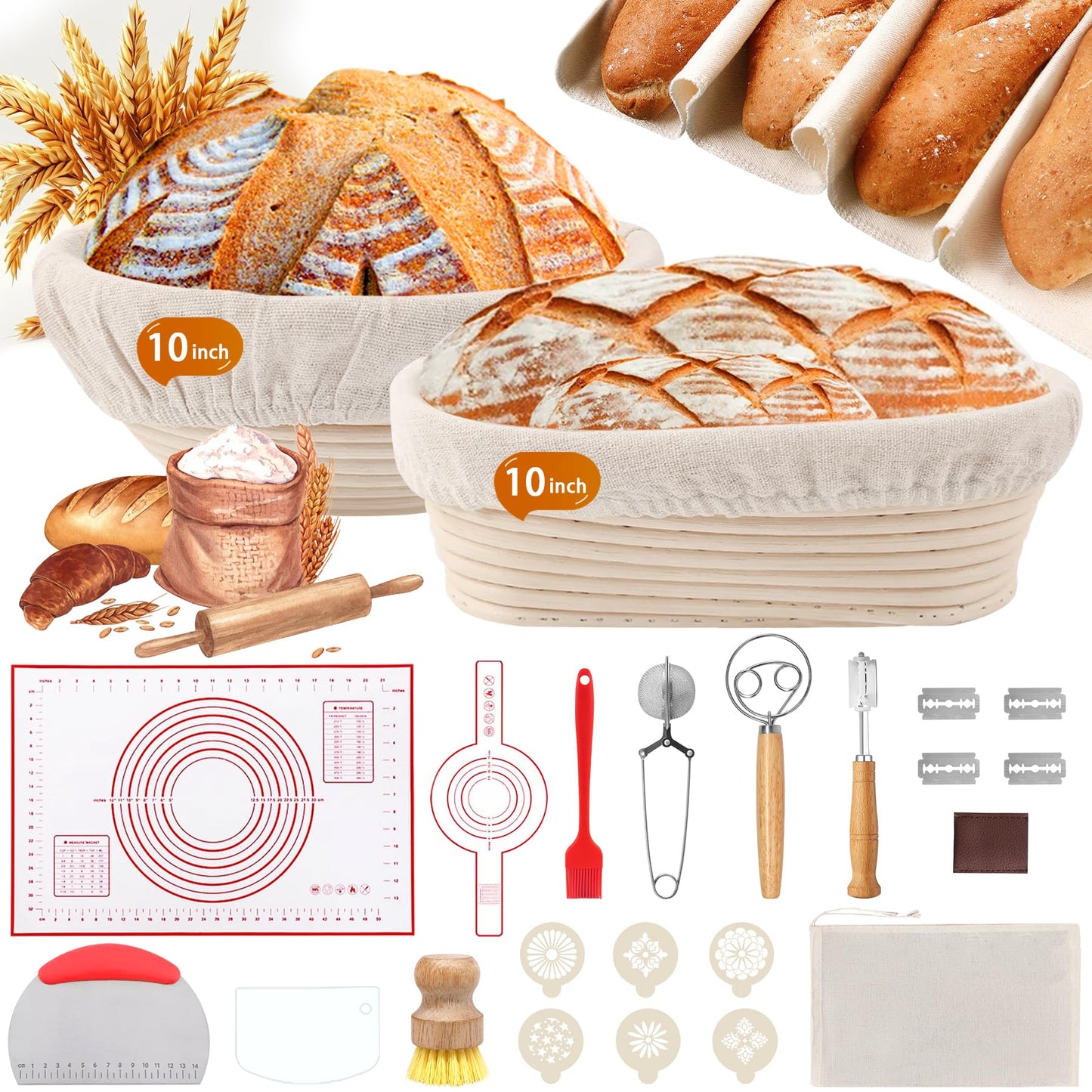 PeacePeo Sourdough Bread Baking Supplies, Sourdough Starter Kit for Bread Making Includes 10" Round & Oval Banneton Bread Proofing Basket with Liners Sourdough Kit for Making Baking Fermentation