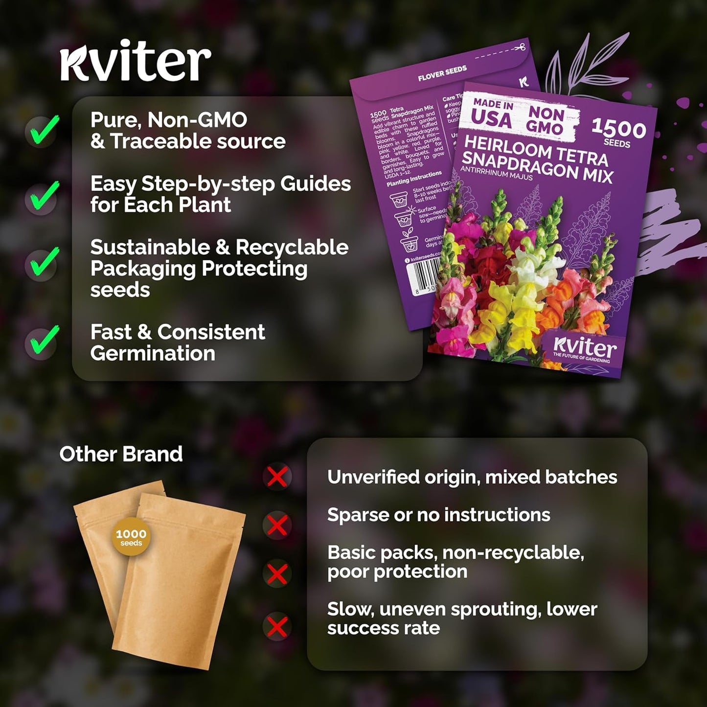 KVITER Snapdragon Seeds - 1,500 Heirloom & Organic Tetra Mix for Vibrant Annual Flower Gardens