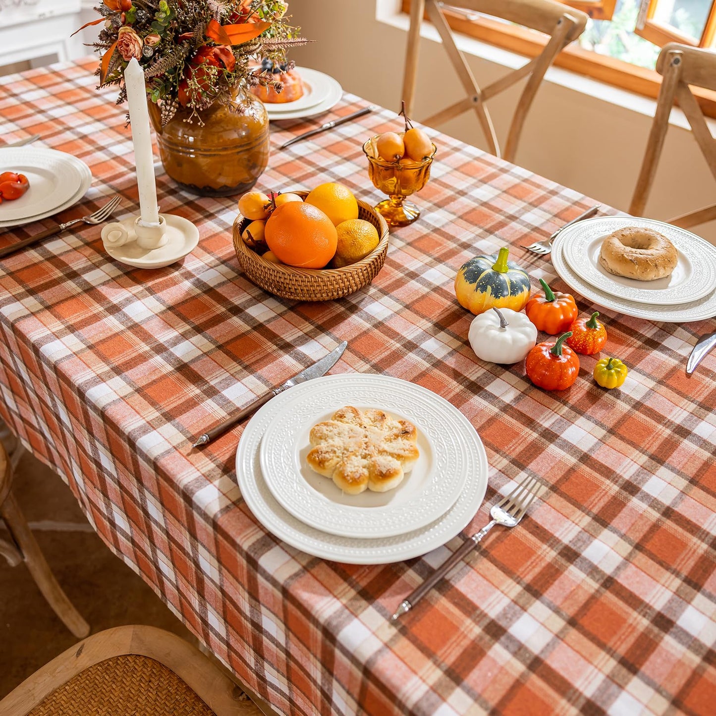 Joyfol Day 55x102 Inch Thanksgiving Tablecloth - Rust Tartan Rectangle Table Cover, Washable Fall Decor for Holiday Parties (Kitchen/Dining)