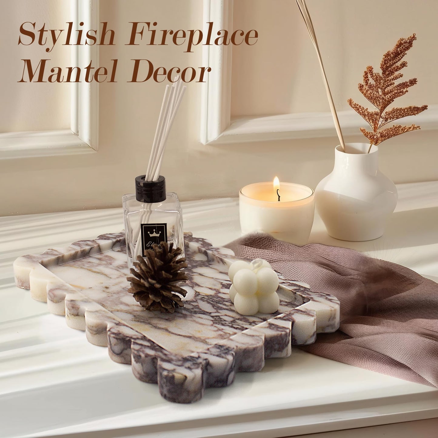 YMXYJM Genuine Scalloped Marble Tray, Real Natural Marble Stone Tray, Luxury Decorative Trays for Bathroom, Dresser, Vanity, Kitchen, Home Decor, 10.6" x 8", Calacatta Gray