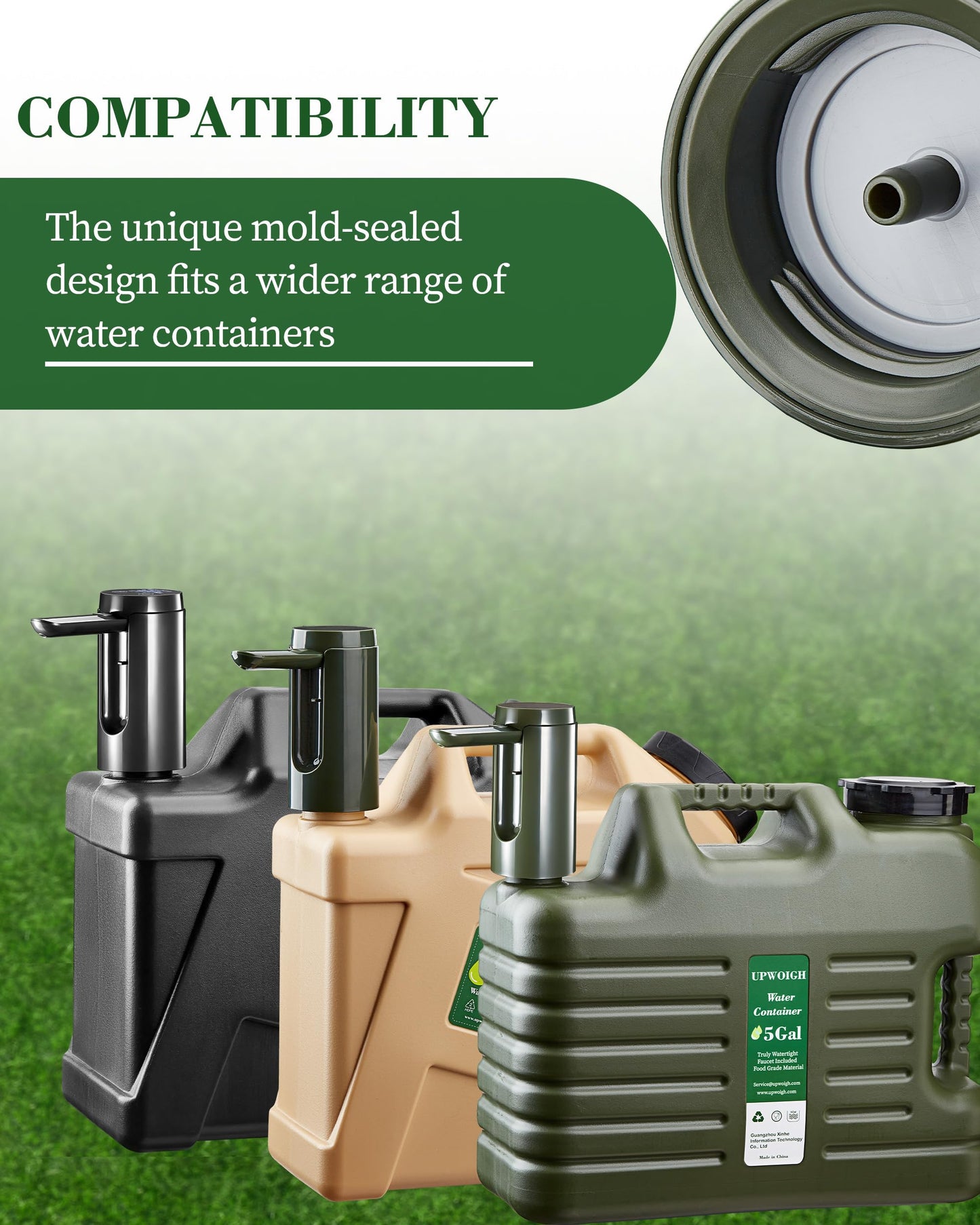UPWOIGH 5 Gallon Water Jug with Automatic Touch Control Pump (1 Pump Included), Truly Leak-Proof BPA-Free Water Container with Spigot, Type-C Rechargeable Military Green Water Pump for Camping Hiking