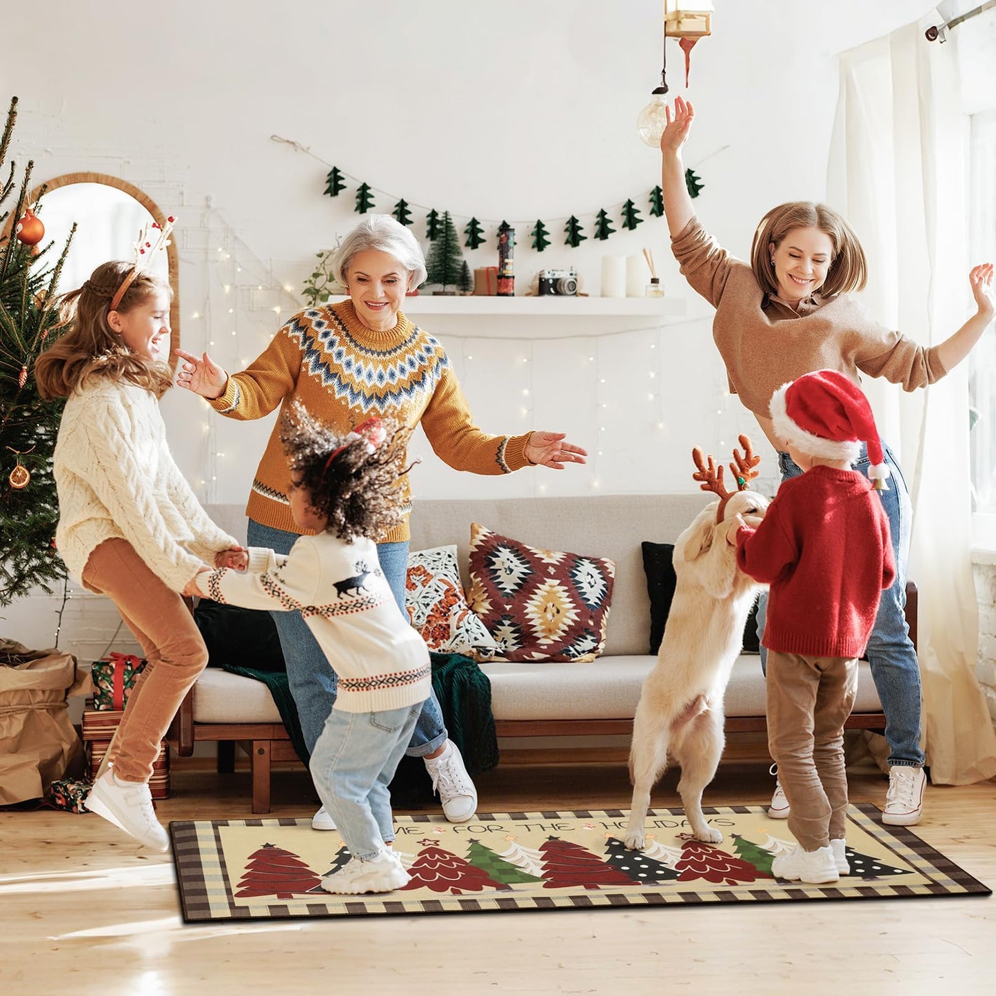 StepRite Kitchen Mats for Floor, 2 PCS Christmas Kitchen Rugs, Non-Slip Bottom with Christmas Tree Print, Low-Profile Mat for Home, Office, Sink, Kitchen,Hallway,Holiday Decor(17”x30”+17”x47”-Brown)