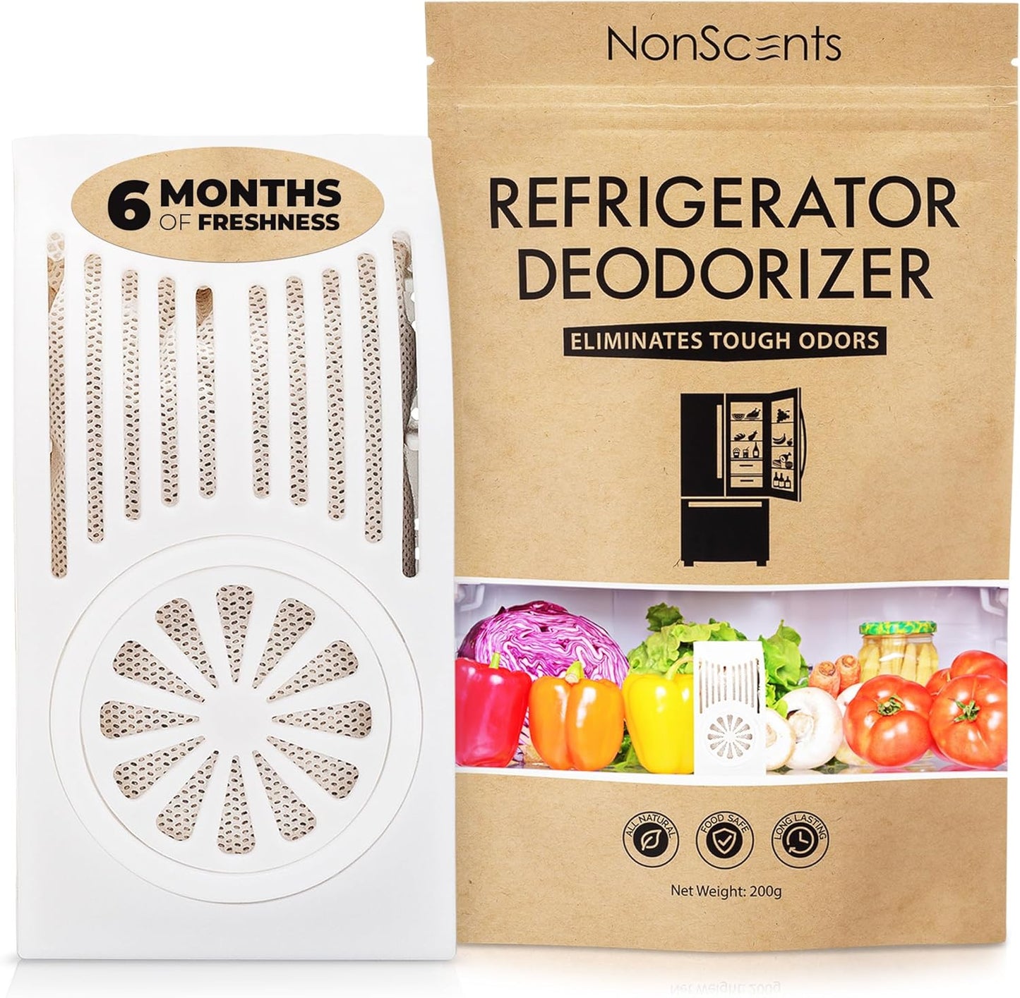 NonScents Refrigerator Deodorizer - Long-Lasting Odor Eliminator with Activated Charcoal | Unscented & Effective