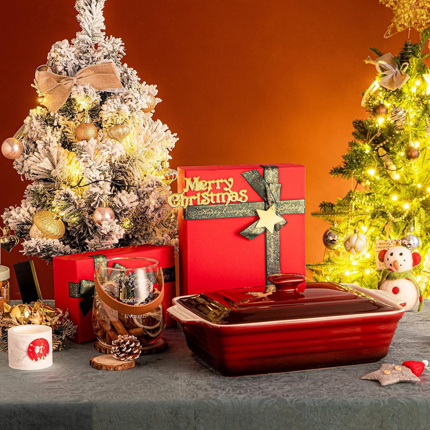 LOVECASA 4.5 Quart Ceramic Casserole Dish - Oven Safe Lasagna Pan with Lid & Handles | Gradient Red