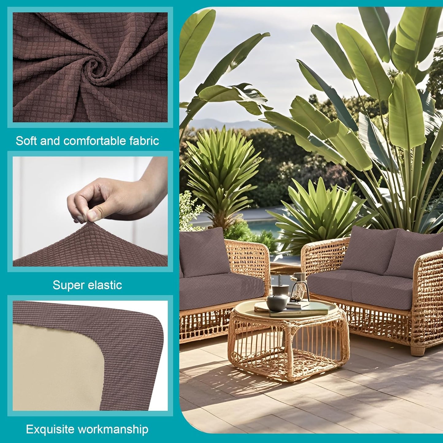 Skiennix 14-Piece Stretch Patio Cushion Covers - Washable Outdoor Sofa Slipcovers in Camel