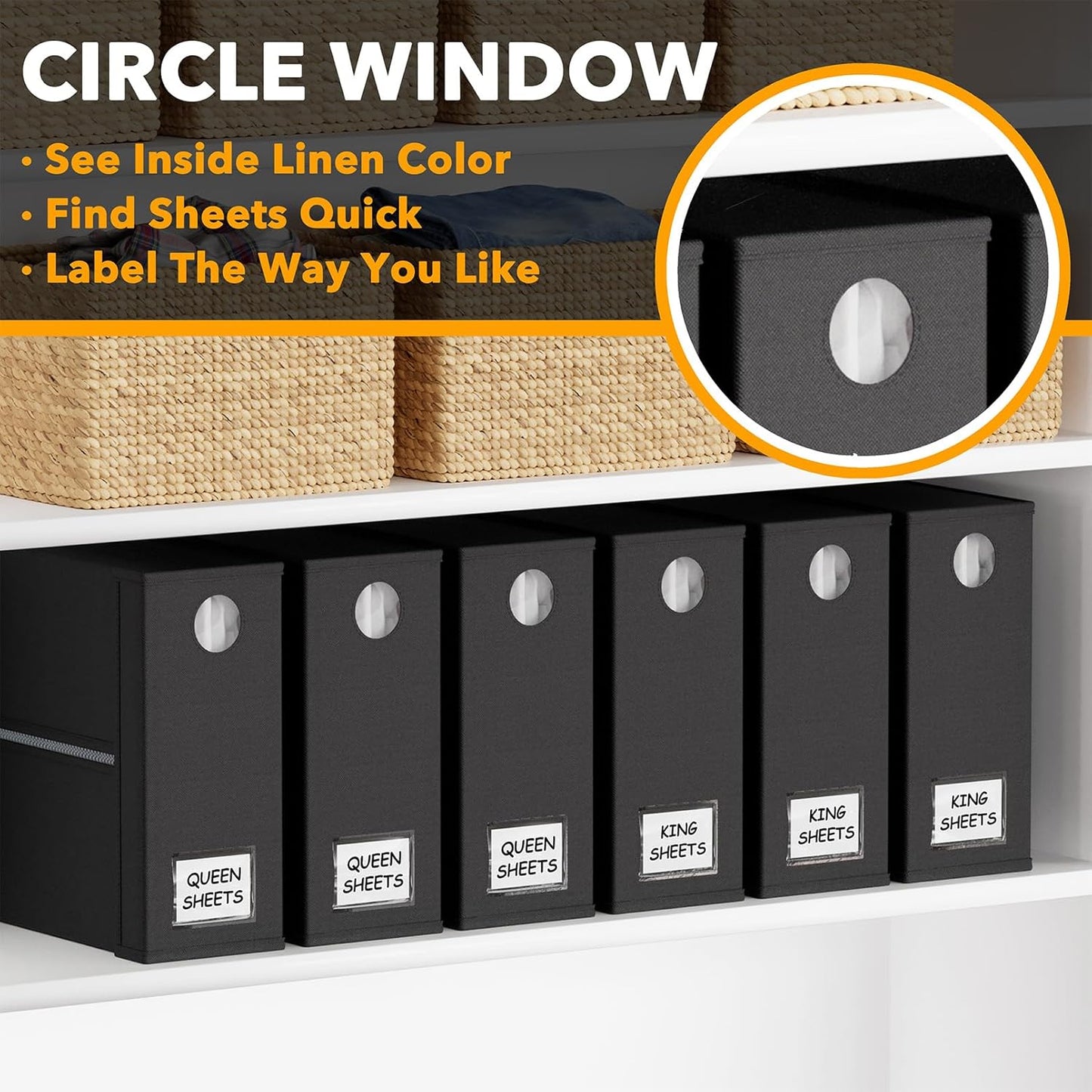 SpaceAid Bed Sheet Organizer - 6 Pack Foldable Storage with Window for Queen & King Size Bedding (Black)