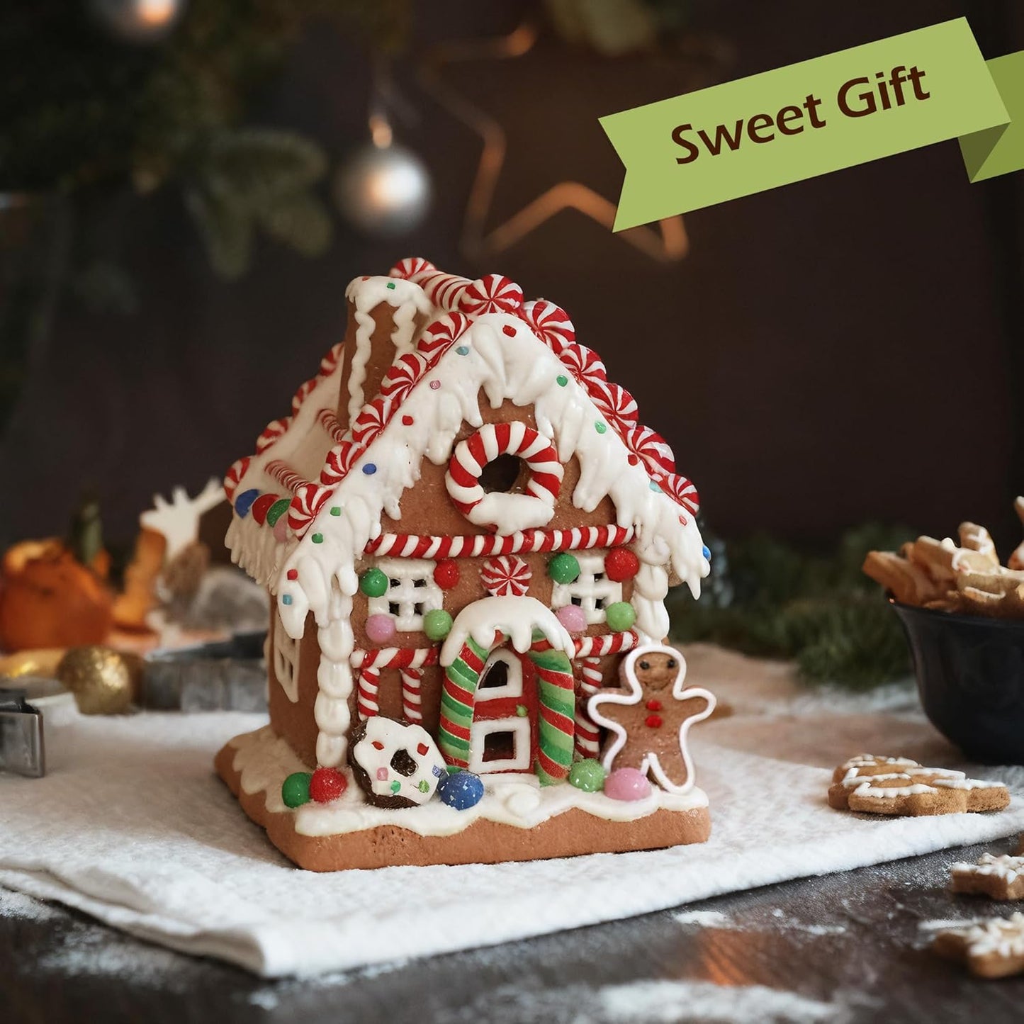 Skiennix Gingerbread House Decoration - Battery-Operated Light-Up Christmas Village Figurine | Handmade Style 1
