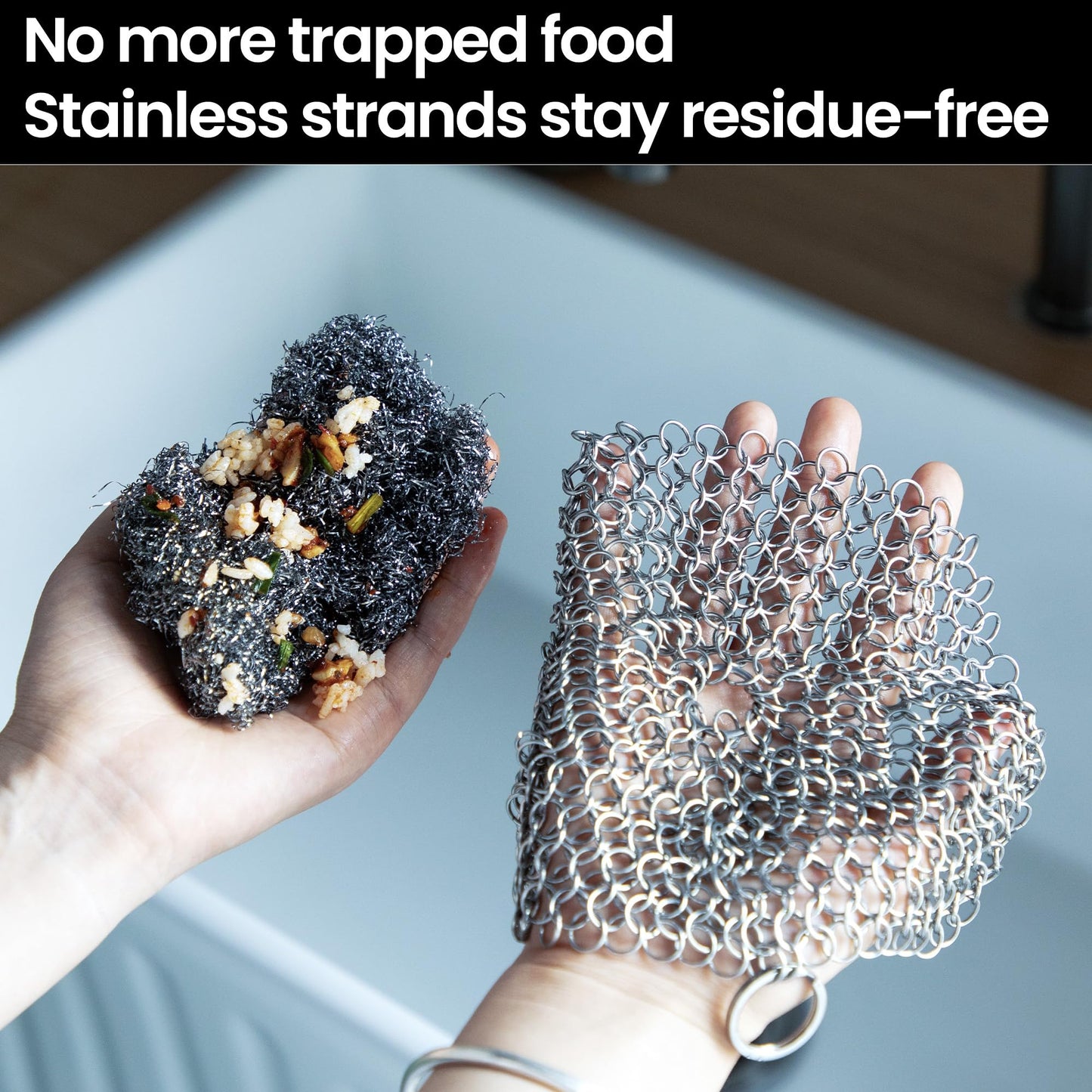 TOPULORS Cast Iron Scrubber 316 Stainless Steel Skillet Cleaner 8"x6" Chainmail Scrubber Scraper Chain Mail Link Scrub for Cast Iron Pre-Seasoned Pans, Griddles, BBQ Grills, and Pot Cookware Cleaning