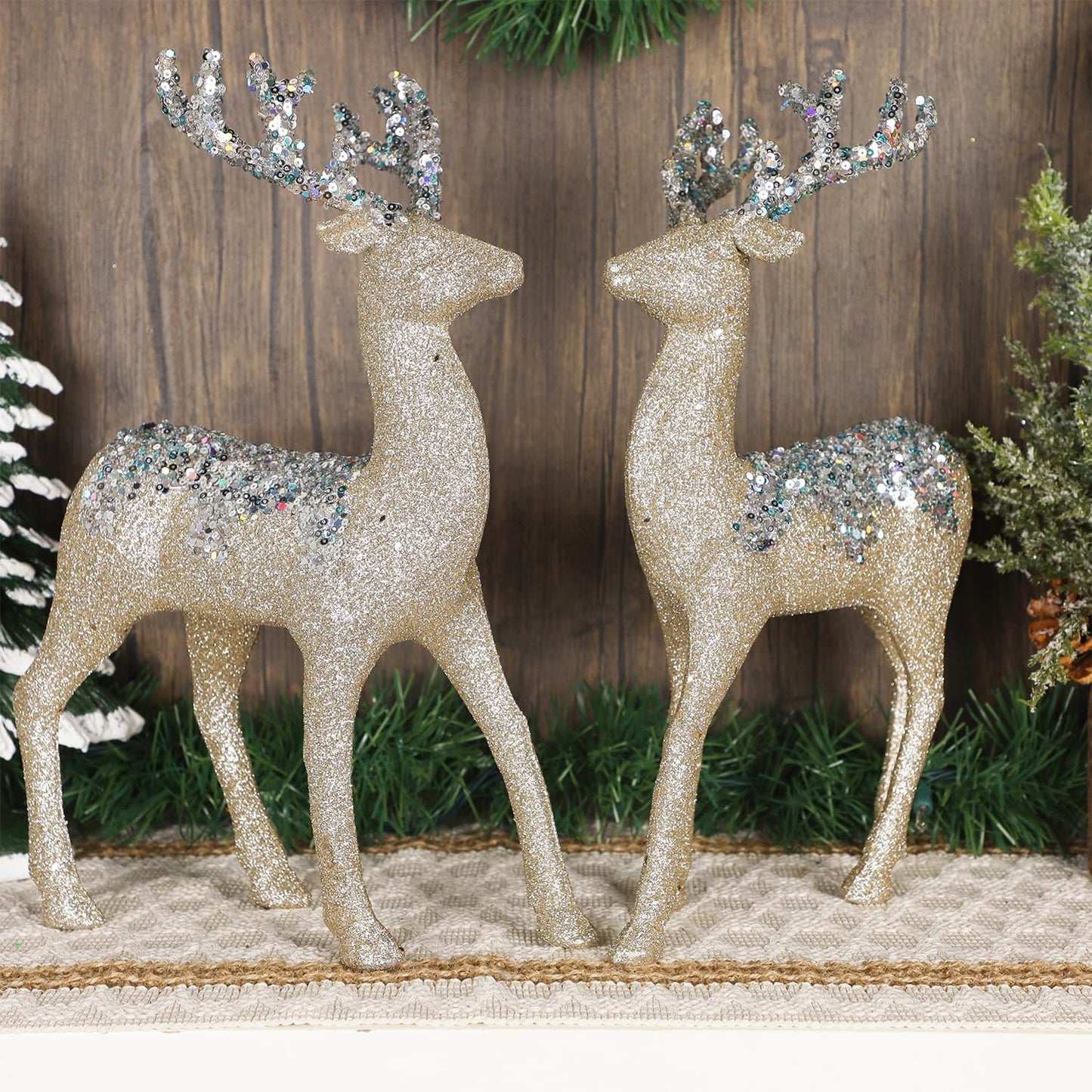 Juegoal Glitter Reindeer Figurines - Set of 2 Christmas Tabletop Decorations | 12.6" Plastic Elk Ornaments