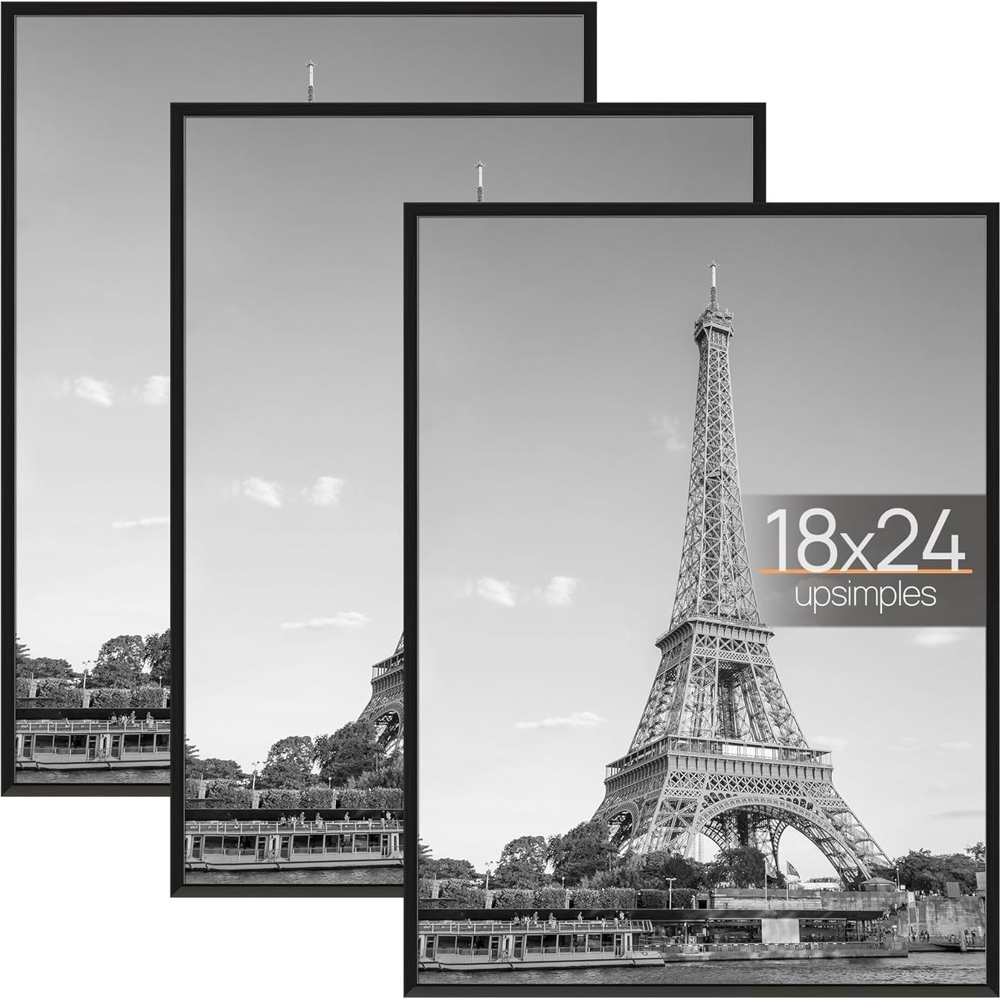 Upsimples 18x24 Picture Frame - Scratch-Proof Black Poster Frames for Photo Gallery | Horizontal & Vertical Mounting (3 Pack)
