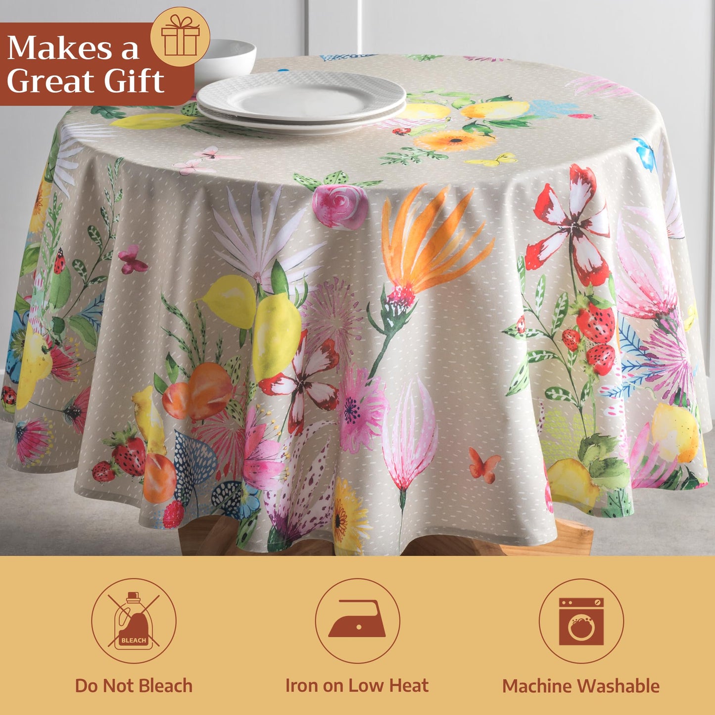 Maison d' Hermine Table Cloth Round Table 100% Cotton 63 Round Inches Tablecloth Reusable Decorative for Dining Kitchen Room Farmhouse Home Gifts for Mothers Day Spring Summer - Jardin D'Ete - Fog