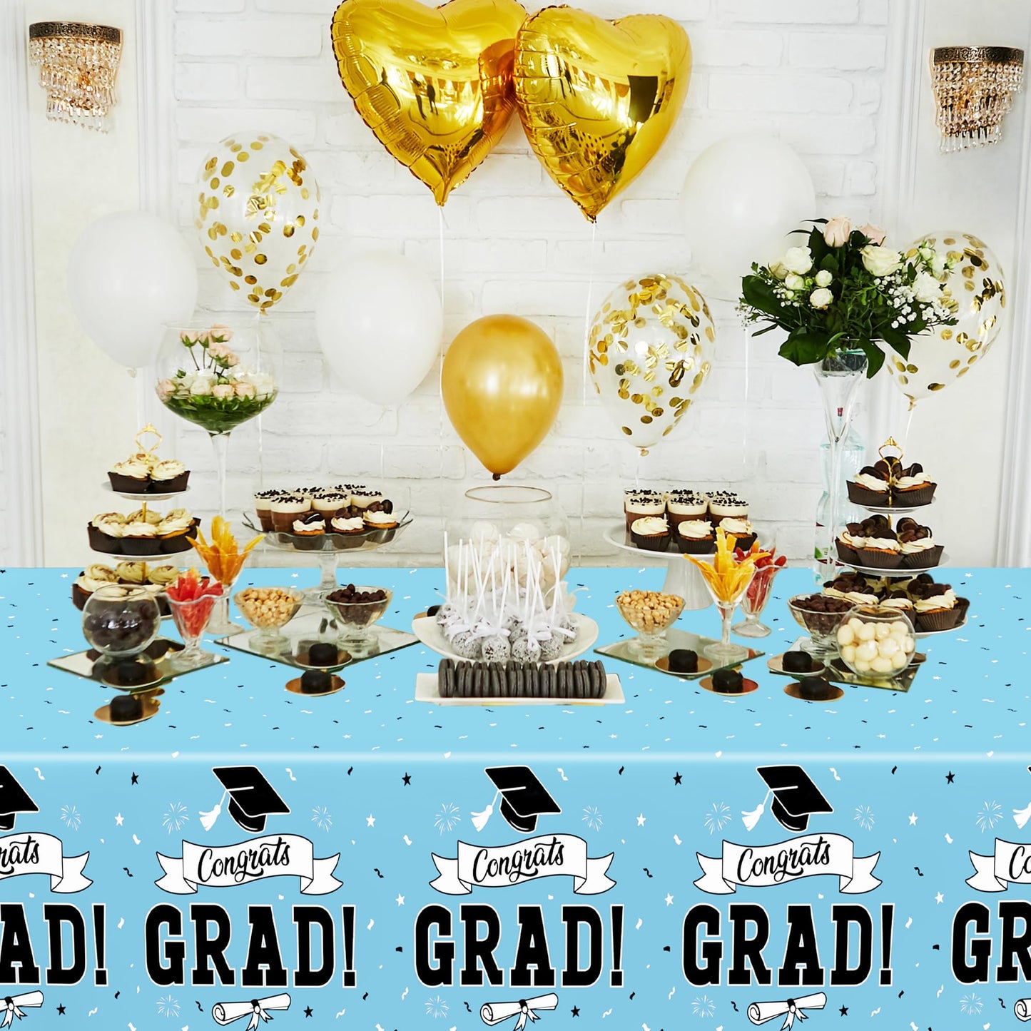 2Pcs Graduation Tablecloths, 108" X 54" Skyblue Graduation Table Decorations 2026, Rectangle Table Cloths for Class 2026 Congrats Grad, Disposable Plastic Tablecover for Grad Decor Party Supplies