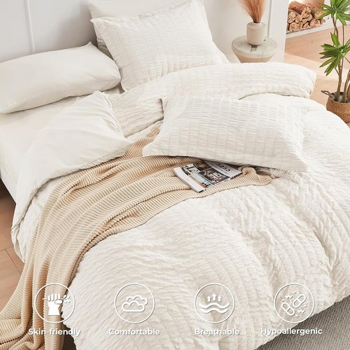 HYMOKEGE Queen Comforter Set - Ivory Oversized 7-Piece Luxury Bedding Set with Sheets & Pillowcases