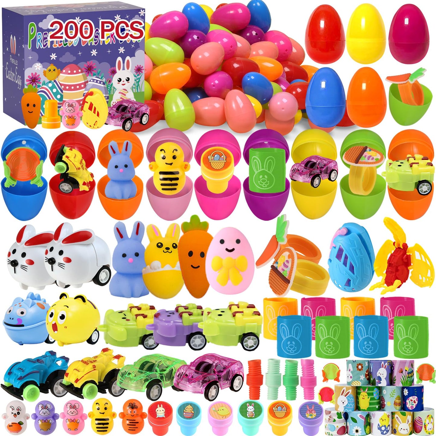 KPHNGB 200PCS Pre-Filled Easter Eggs with Toys, Easter Basket Stuffers, Bulk Filled Plastic Egg Party Favors, Easter Egg Hunt Prizes Toys for Kids Classroom Gift Toddler Goodie Bag Stuffers