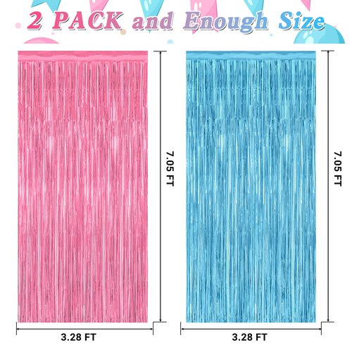 2 Pack Gender Reveal Decorations, 3.28 FT x 7.05 FT Pink and Blue Fringe Backdrop, Metallic Boy or Girl Foil Fringe Curtains Tinsel Backdrop Party Streamers, Birthday Party Decor Photo Booth Props