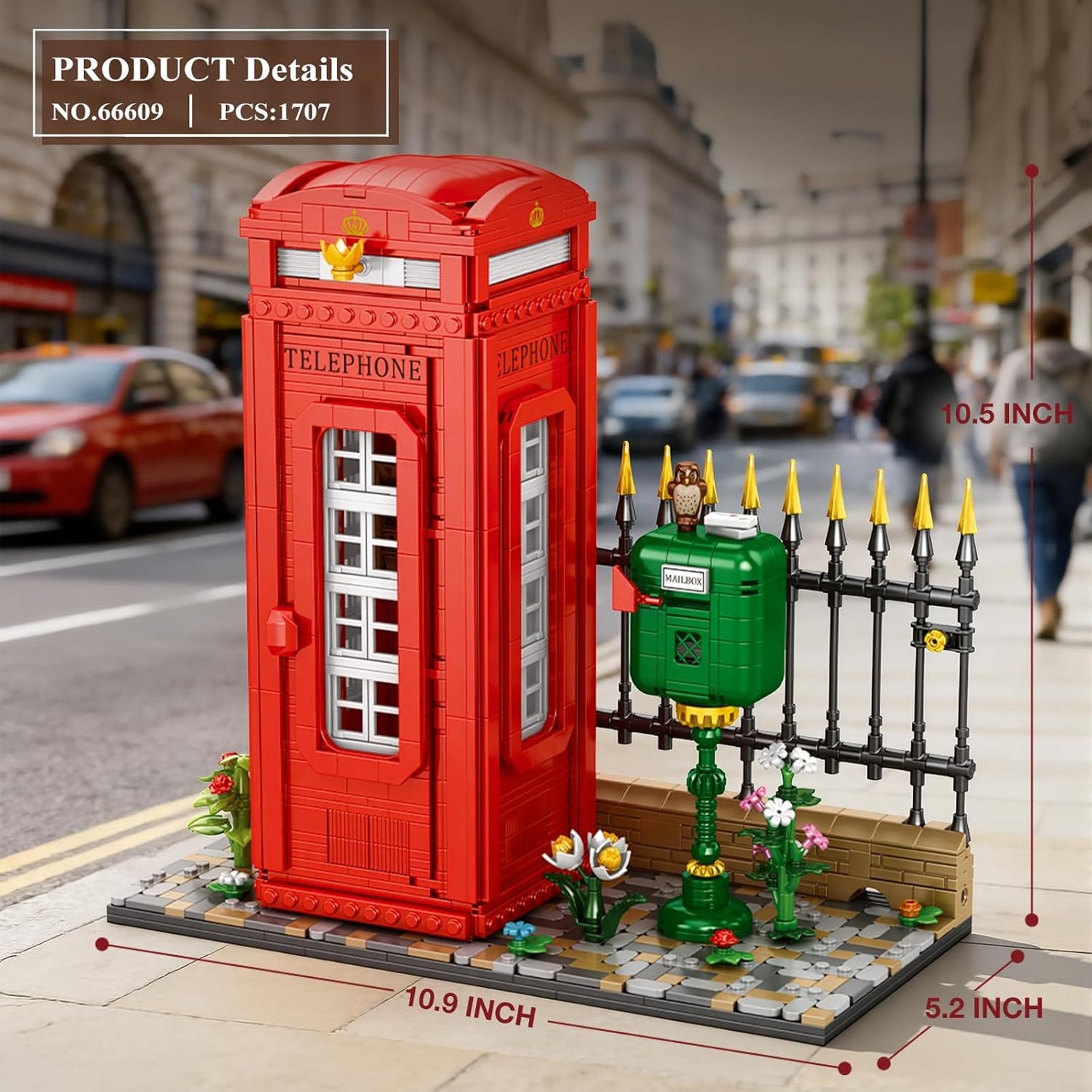 Reobrix Building Block Set - London Landmark Red Telephone Booth Model with LED Lights | 1707 PCS Retro Decor