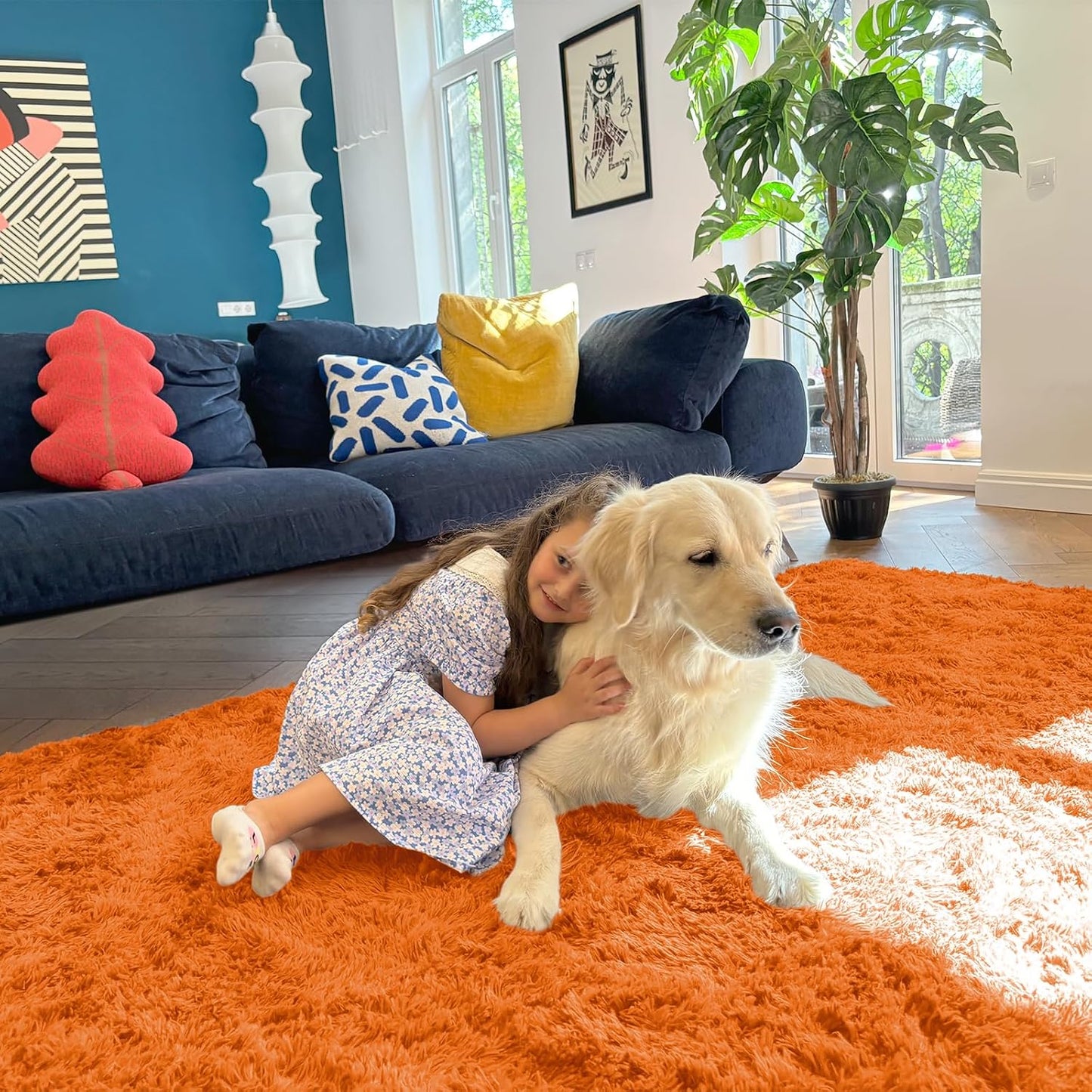 OLANLY Large 5x7 Machine Washable Area Rug - Soft Fluffy Shaggy Carpet for Living Room & Bedroom | Orange