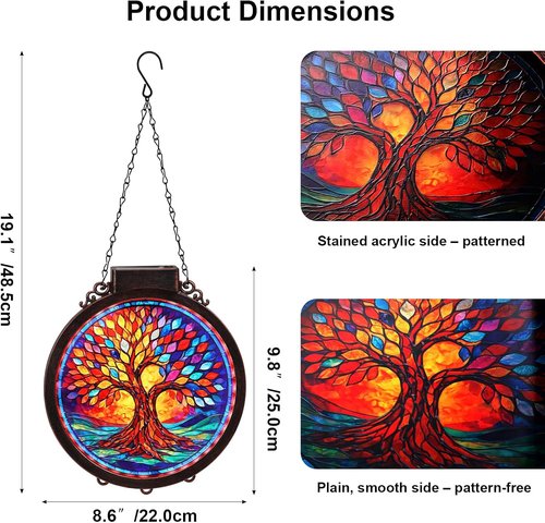Hoikwo Solar Powered Suncatcher | Tree of Life Design | 8.6" Stained Acrylic Window Decor for Gardens & Porches