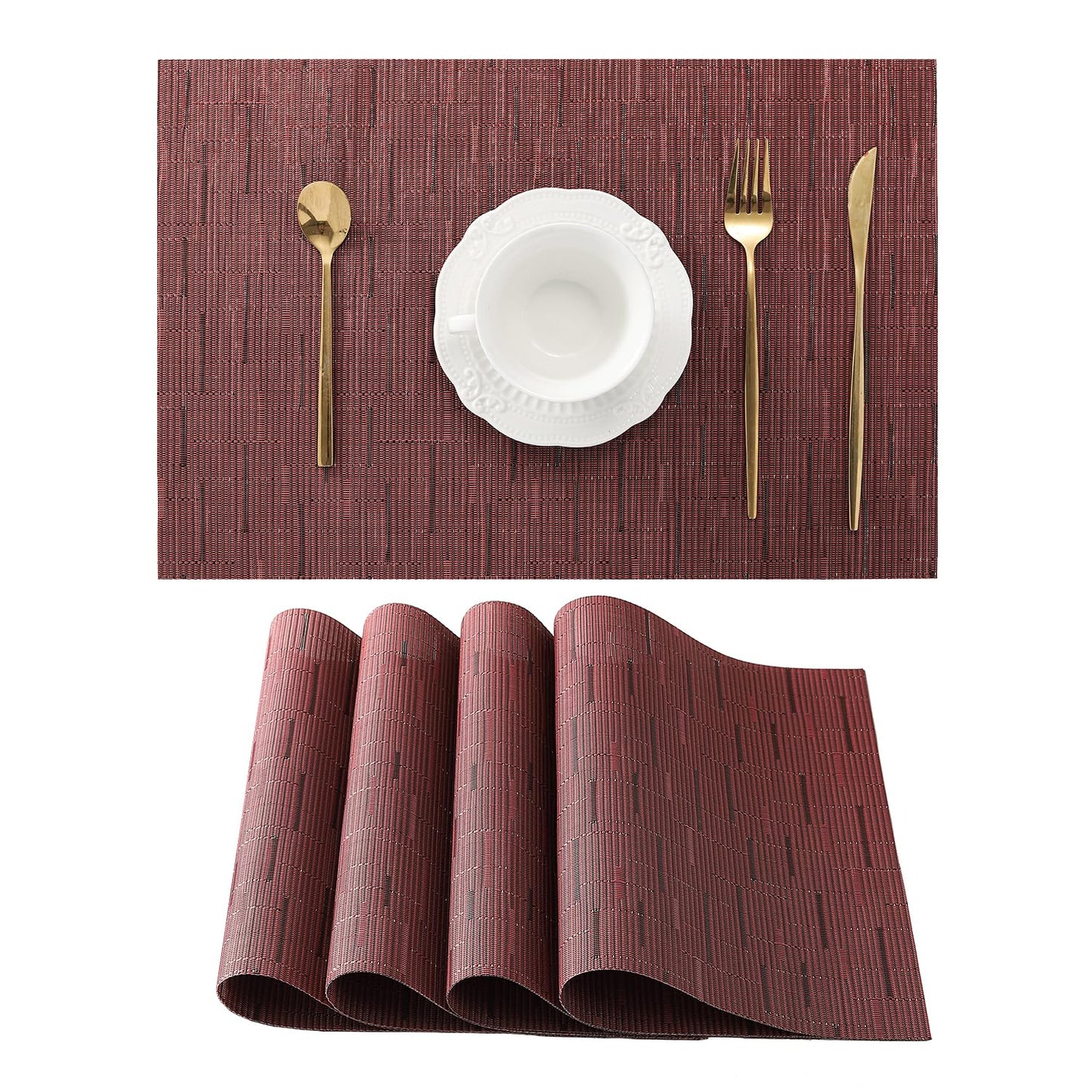 Leetaltree Burgundy Placemats Set of 4 - Heat Resistant Non-Slip Place mats for Dining Table, Washable Durable PVC Vinyl Woven Table Mats（Burgundy, 4）
