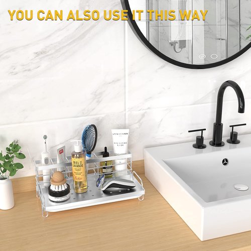 Cisily Kitchen Sink Caddy Organizer, Rustproof Non-Slip Soap Dish Dispenser Brush, Sponge Holder, Silver