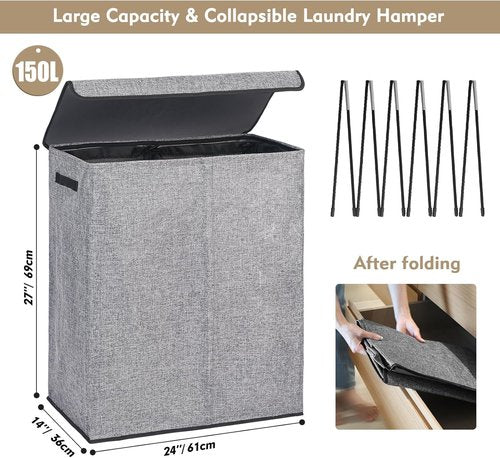 DOKEHOM 150L Double Laundry Basket - Large Collapsible Hamper with Lid & Removable Bags | Grey